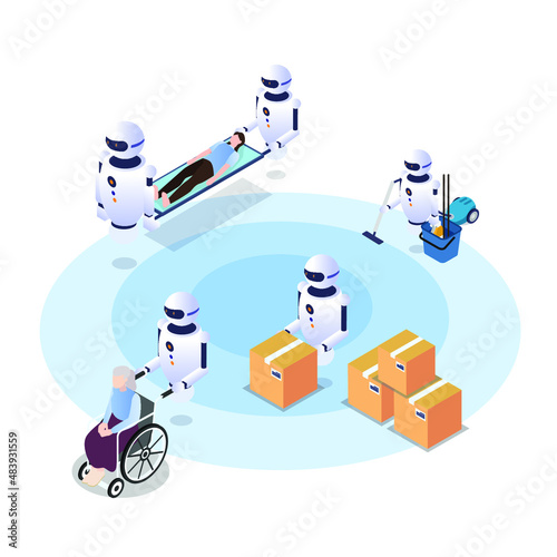 Robots helping people in various way isometric 3d vector concept for banner, website, illustration, landing page, flyer, etc.