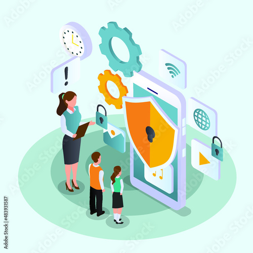 Limiting internet access for kids isometric 3d vector concept for banner, website, illustration, landing page, flyer, etc. photo