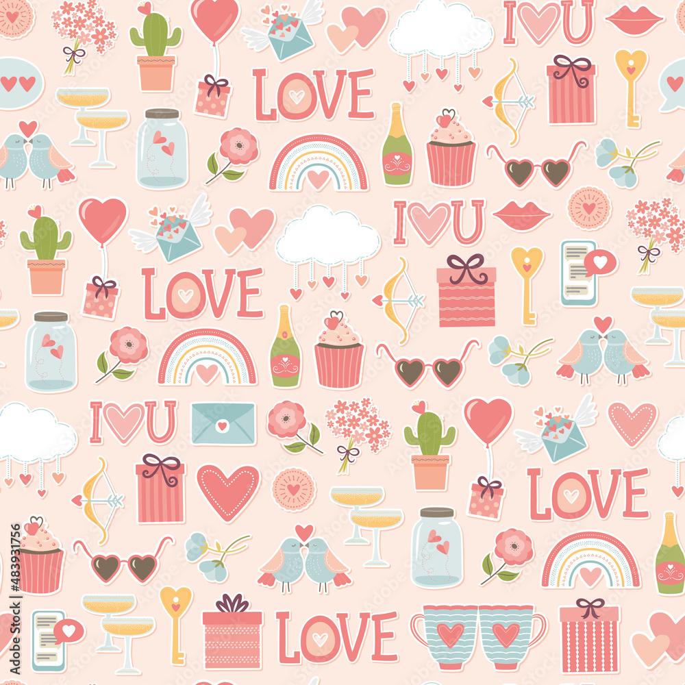 Love, romance, Valentines Day, Wedding, Romance, rainbows, gifts, seamless vector pattern, background, wallpaper, textiles, giftware