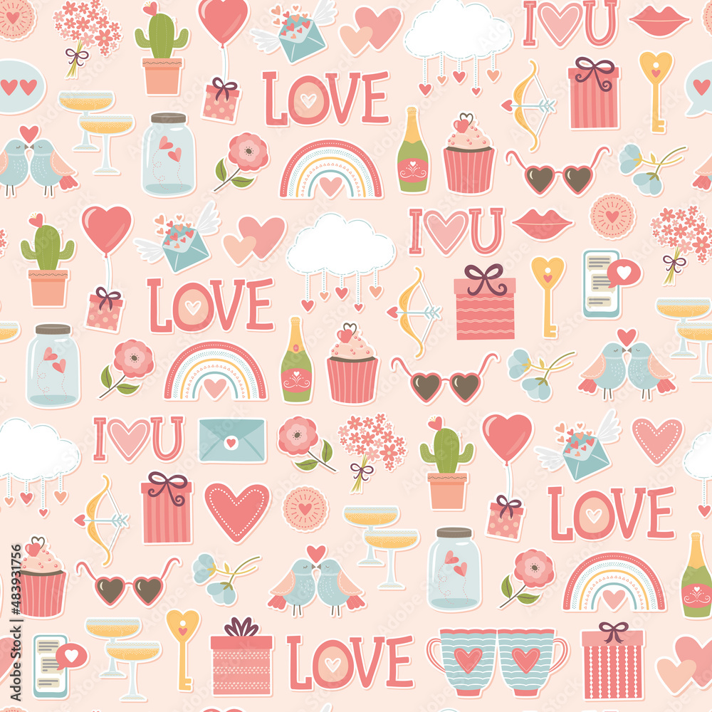 Fototapeta premium Love, romance, Valentines Day, Wedding, Romance, rainbows, gifts, seamless vector pattern, background, wallpaper, textiles, giftware
