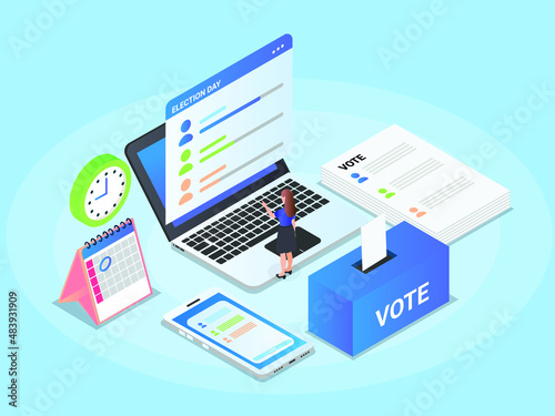 Woman on online election day isometric 3d vector concept for banner, website, illustration, landing page, flyer, etc.