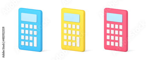 Collection glossy isometric 3d icon modern calculator device machine with buttons and display