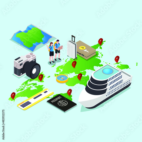 isometric, 3d, isolated, vector, illustration, couple, pin, sightseeing, gps, honeymoon, backpack, transportation, traveler, global, international, airline, airport, terminal, globe, passenger, transi