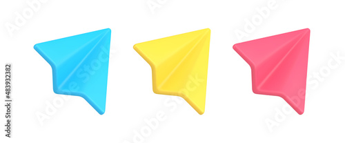 Set glossy raising paper plane symbol message sending or origami airplane 3d isometric vector
