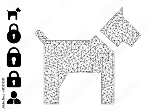 Vector dog mesh icon structure. Abstract flat mesh dog, created from flat mesh. Mesh wireframe dog icon image in low poly style with connected lines and similar objects.