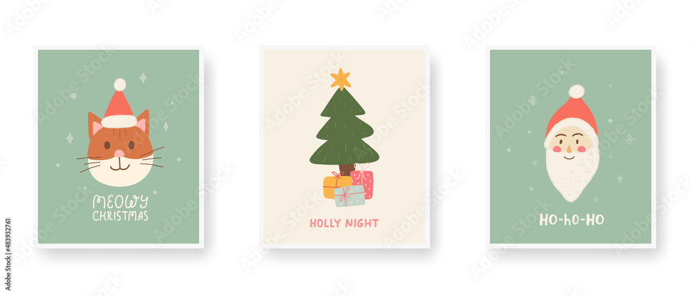 Merry Christmas unique hand drawn poster set. Santa, xmas tree, gift box, cat. Holiday greeting cards. Hand lettering Meowy Christmas, Holly night. Cute winter design. Vector illustration