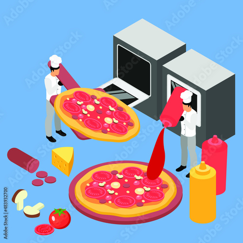 Chef making pizza isometric 3d vector concept for banner, website, illustration, landing page, flyer, etc.