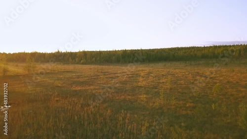 flying over a field, forest and stream at sunset