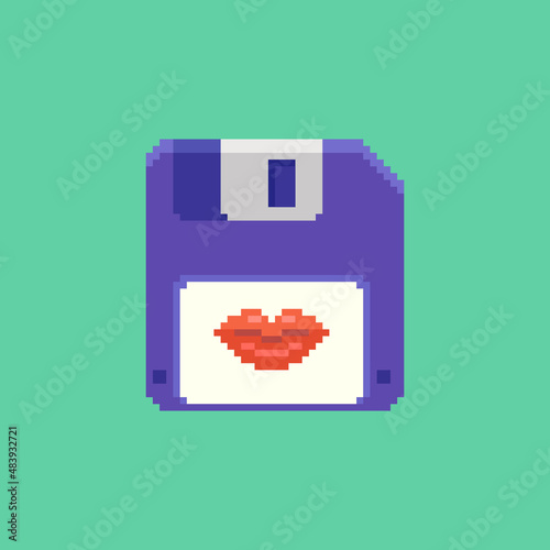 colorful simple flat pixel art illustration of blue computer floppy disk with red female lips in lipstick on the label