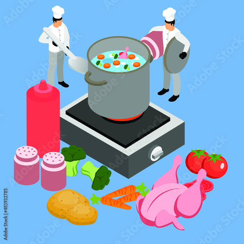 Chef prepares chicken soup in restaurant isometric 3d vector concept for banner, website, illustration, landing page, flyer, etc.