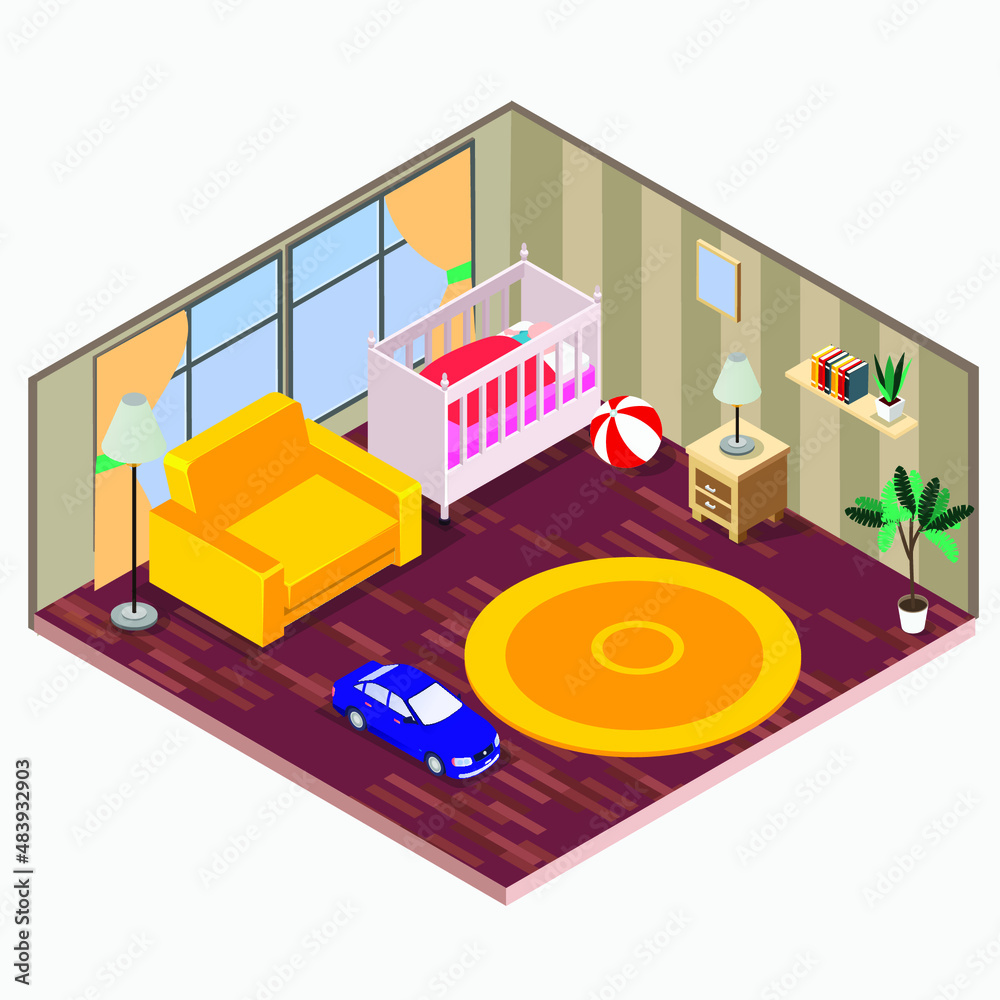 Obraz premium Baby room interior isometric 3d vector concept for banner, website, illustration, landing page, flyer, etc.