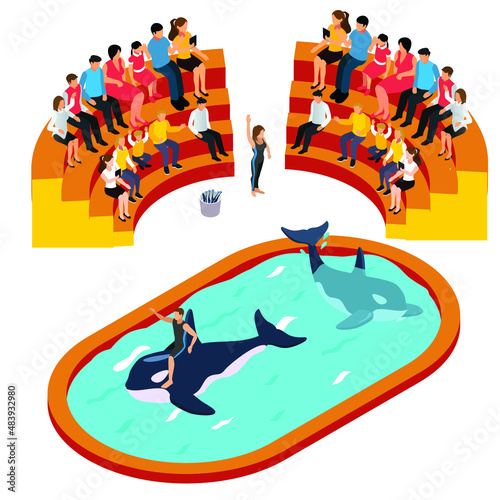 Killer whales show isometric 3d vector concept for banner, website, illustration, landing page, flyer, etc.