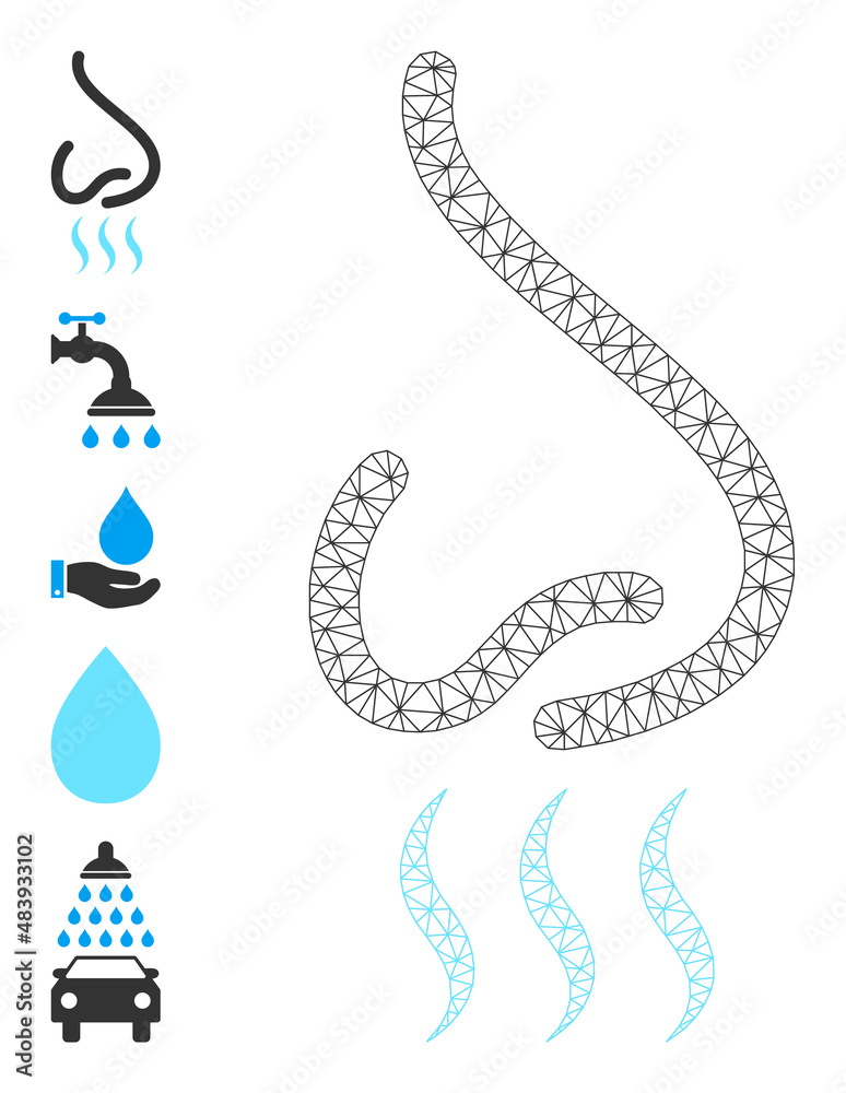 Naklejka premium Vector nose smell mesh icon structure. Abstract flat mesh nose smell, built from flat mesh. Mesh wireframe nose smell icon image in low poly style with structured linear items and other objects.