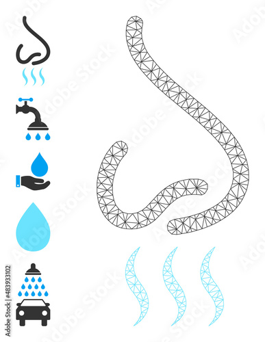 Vector nose smell mesh icon structure. Abstract flat mesh nose smell, built from flat mesh. Mesh wireframe nose smell icon image in low poly style with structured linear items and other objects.