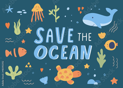 Underwater nature world. Under sea hand drawn vector illustration. Shell, fish, turtle, starfish, marine, ocean life. Seabed background. Save the ocean banner. Cute animal room decor.Seascape sticker