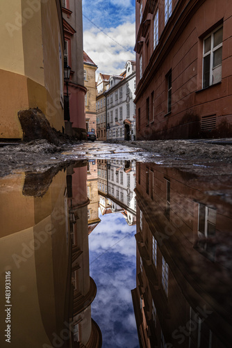 PRague street after rain in day