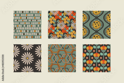 Set of vector retro seamless patterns, inspired by prints from the 60s and 70s
