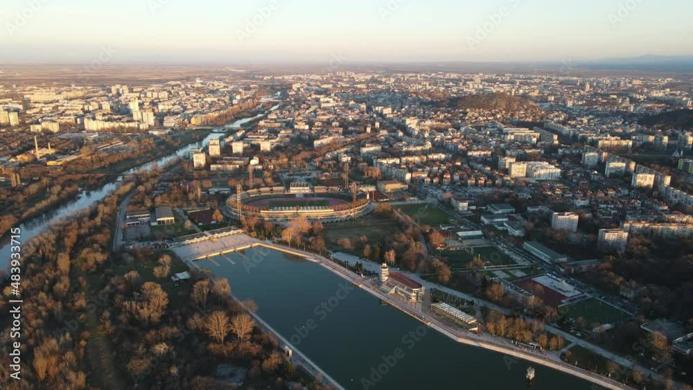 Aerial sunset view of Rowing Venue in city of Plovdiv, Bulgaria