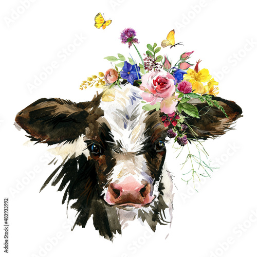 Fotografia Bull. farm animal illustration. Watercolor hand drawn calf