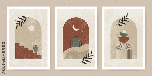 Modern abstract boho poster set of geometric balance shapes, stairs and plants. Bohemian, aesthetic, minimalist style. Print for cover, wallpaper, card, social media, interior decor.