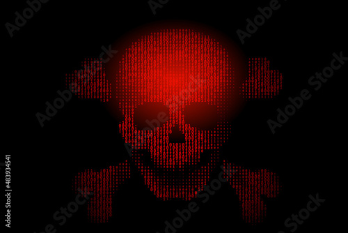 skull with bones in binary code stream on black background.concept of hacker attack, cyber piracy.