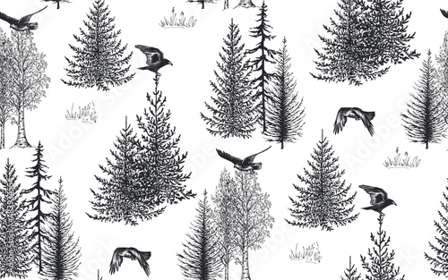 Vector seamless pattern with hand drawn crow birds and trees. Forest scenes on white background.