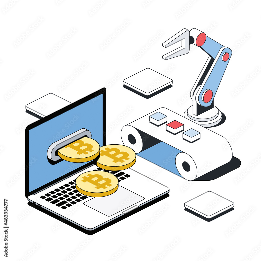 Laptop bitcoin coins, arm hand robot. Vector 3d sketch line isometric  style, color icon illustration. Creative design idea and infographics  elements. vector de Stock | Adobe Stock