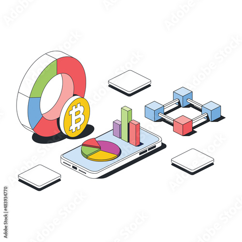 Bitcoin sign charts, smartphone screen, crypto. Vector 3d sketch line isometric style, color icon illustration. Creative design idea and infographics elements.