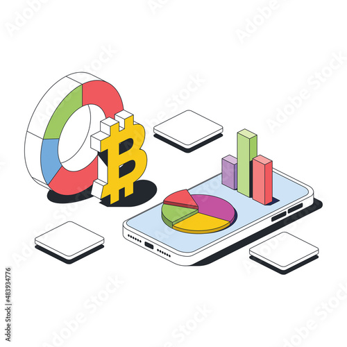 Bitcoin sign, smartphone screen, charts. Vector 3d sketch line isometric style, color icon illustration. Creative design idea and infographics elements.