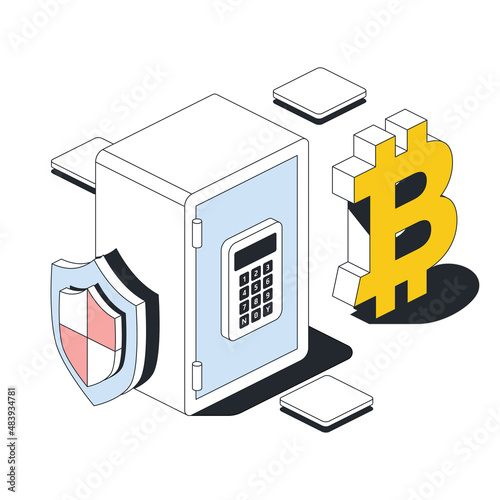 Safe, shield security, bitcoin sign. Vector 3d sketch line isometric style, color icon illustration. Creative design idea and infographics elements.