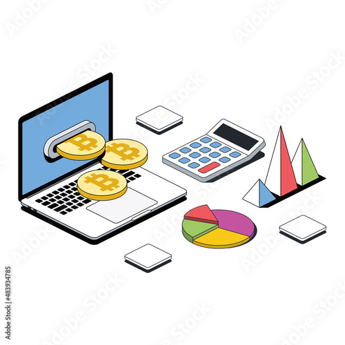 Laptop screen bitcoin coins, calculator and charts. Vector 3d sketch line isometric style, color icon illustration. Creative design idea and infographics elements.
