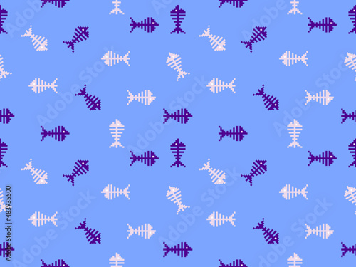 Fishbone cartoon character seamless pattern on blue background.