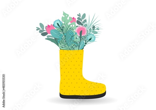 A bouquet of flowers in a rubber boot. Spring flowering plants grow in shoes. Design in cartoon flat style.
Vector illustration