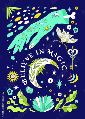 Vector magic A4 banner with the inscription Quote I believe in magic, you will never find it in colors, boho and retro style. For postcards, posters, banners