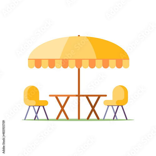 Elegant yellow picnic table with umbrella tent chairs for outdoor summer recreation vector flat illustration. Outside eating furniture barbecue rustic party isolated. Gardening household furnishing