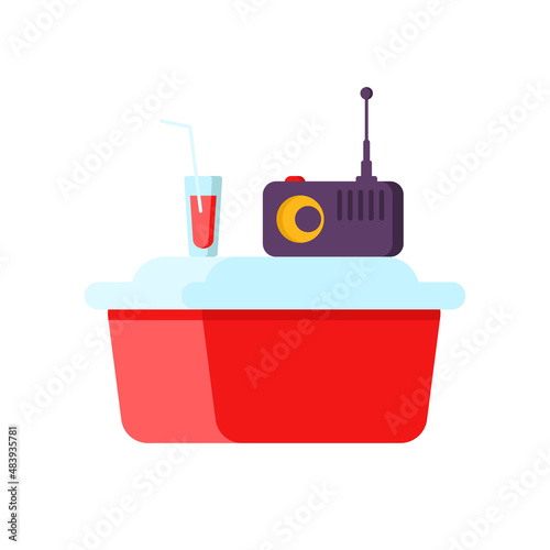 Red portable fridge with music receiver and glass of refreshing cocktail with straw isometric vector illustration. Icebox container for cooling food and beverage at summer picnic outdoor relax