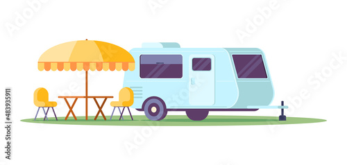 Camping trailer parked on green grass at park with outdoor picnic furniture isometric vector illustration. Automobile transportation and furnishing for family road trip halt summer travel vacation
