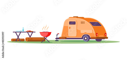 Vintage camping trailer at halt outdoor summer barbecue picnic isometric vector illustration. Road trip caravan with furniture for eating, table, grill, roasted meat, cooking meal travel vacation