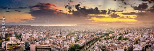Panorama of Greece capital Athens at sunset, Greece, Europe. View of the city from above