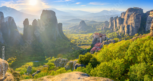 Beautiful view of the famous Eastern Orthodox monasteries at sunset. Greece, Europe. landscape place of monasteries on the rock. UNESCO World Heritage