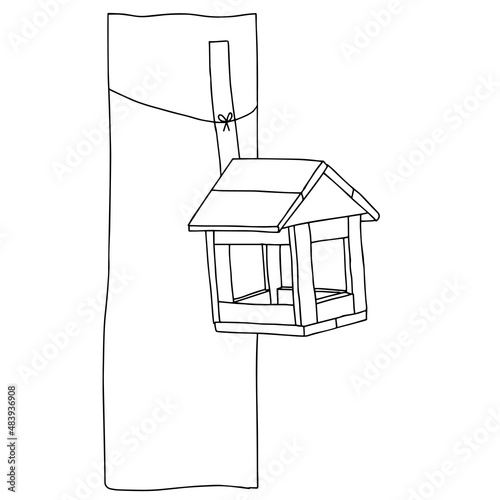 Black hand drawn outline vector illustration of A birdhouse or squirrel house for birds or squirrel from new boards is hanging on a tree isolated on a white background photo