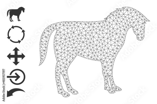 Vector horse mesh icon model. Abstract 2d mesh horse, designed with polygonal grid. Polygonal carcass horse icon image in low poly style with connected linear items and other objects.