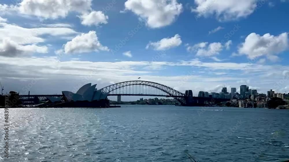 Timelapse of Sydney Harbour Bridge and the Opera House under blue sky with white clouds, Sydney Australia Timelapse of Sydney Harbour Bridge and the Opera House under blue sky with white clouds, Sydney Australia