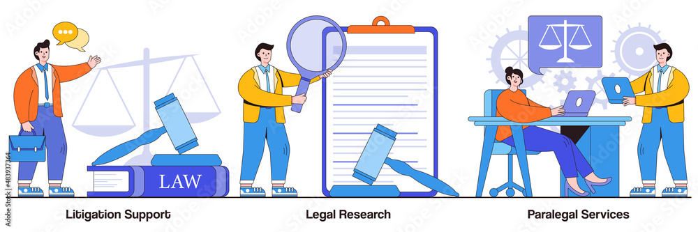 Litigation support, legal research, paralegal services concept with tiny people. Law firm vector illustration set. Forensic accounting, consulting, data collection, attorney legal work metaphor