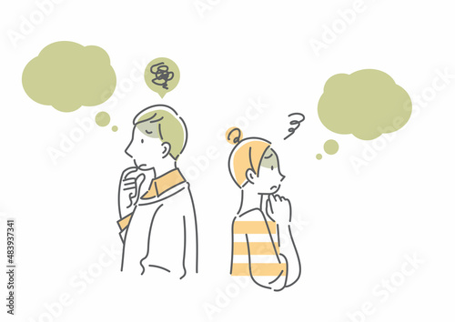 悩む夫婦　シンプルでお洒落な線画イラスト
