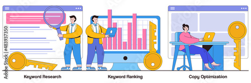 Keyword research, keyword ranking, copy optimization concept with tiny people. Search engine optimization service abstract vector illustration set. SEO analytics, marketing business metaphor