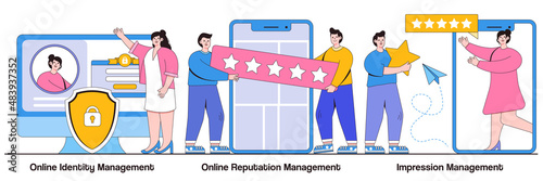 Online identity management, online reputation management, impression management concept with tiny people. Web presence establishment, crm software, self presentation abstract vector illustration set