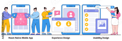 React native mobile app, experience design, usability testing concept with tiny people. Mobile app development process abstract vector illustration set. User interface, software architecture metaphor
