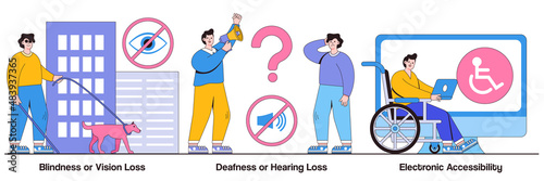 Blindness or vision loss, deafness or hearing loss, electronic device accessibility concept with tiny people. Communication technology for disabled people abstract vector illustration set