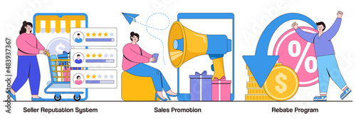 Seller reputation system, sales promotion, rebate program concept with tiny people. E commerce abstract vector illustration set. Online store discounts, internet shopping metaphor